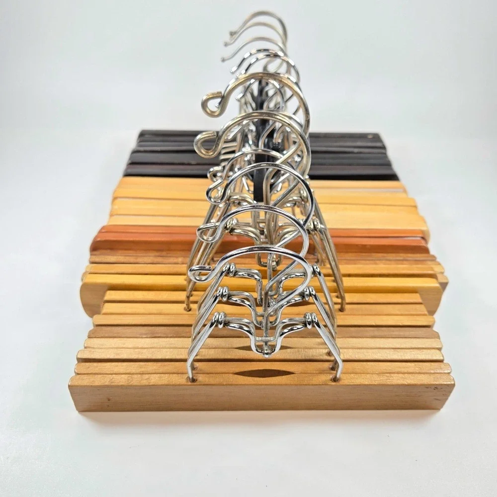 Lot of 15 Wooden Clamp Pant Hangers Assorted Wood Tones Felt Lined Metal Hook
